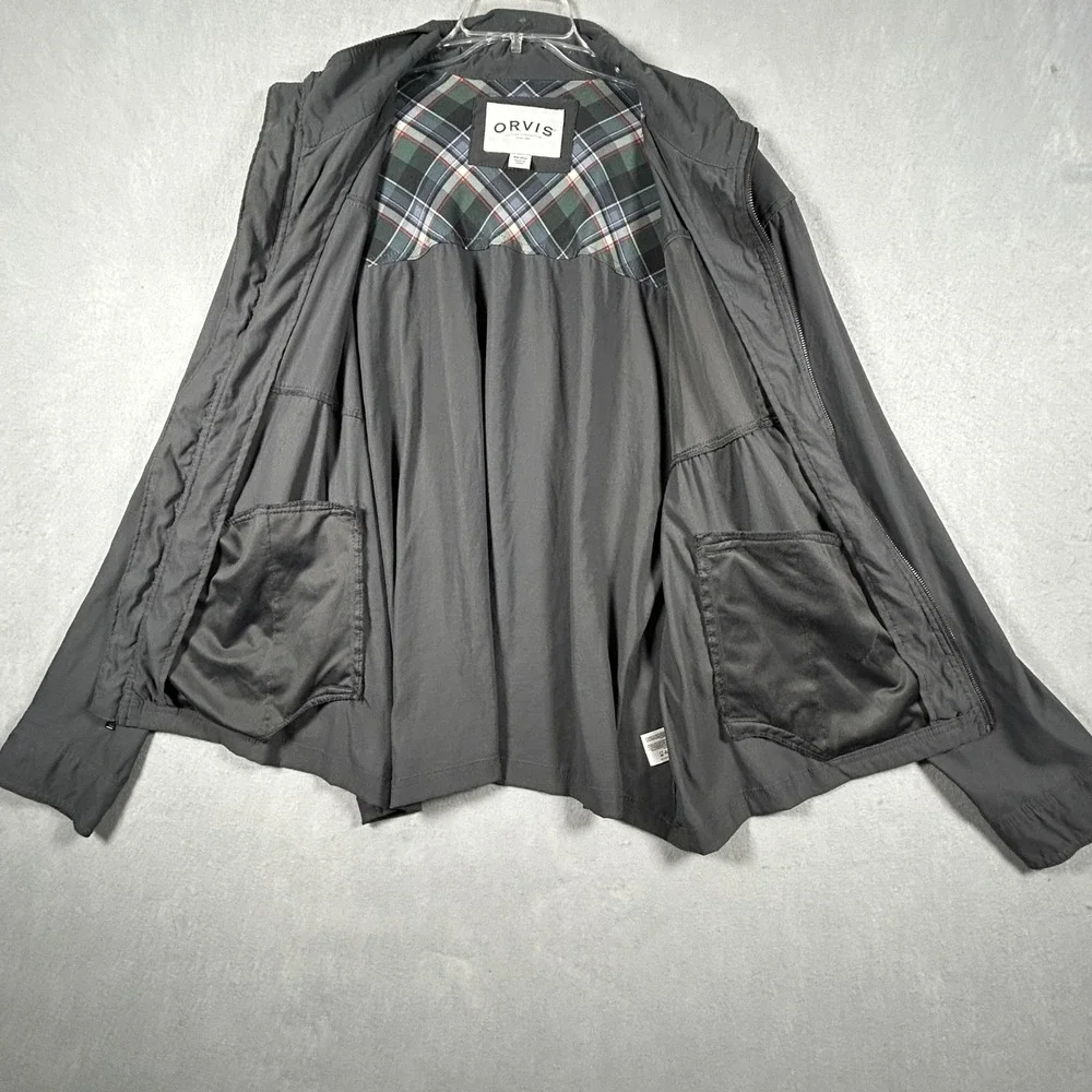 Orvis Windbreaker Jacket Mens XXL Gray Solid Full Zip Plaid Lined Outdoor Pocket